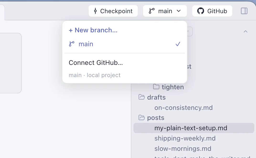 Flywrite's toolbar with Checkpoint button, branch menu, and GitHub connection