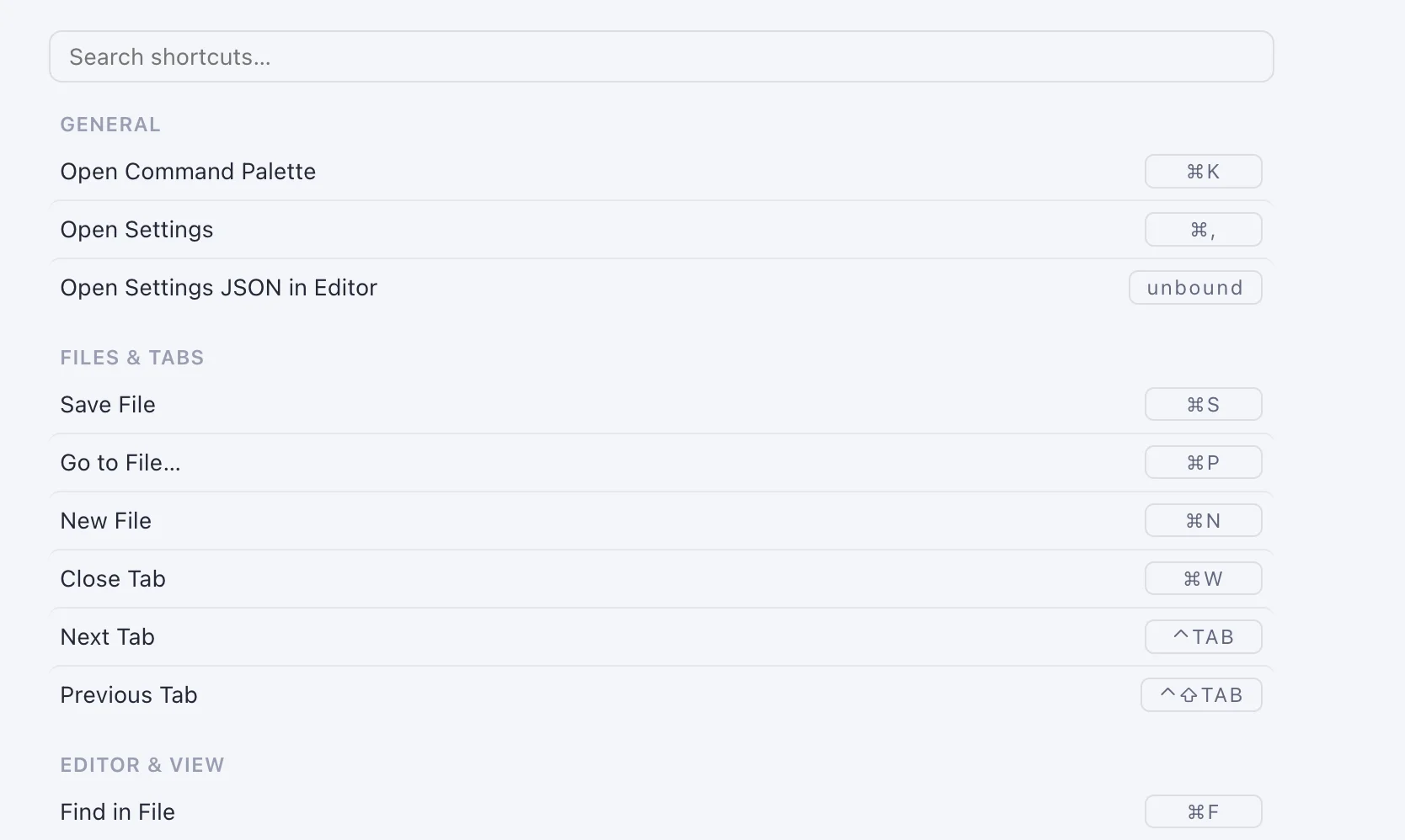 Flywrite's keyboard shortcuts, every command with a customizable binding