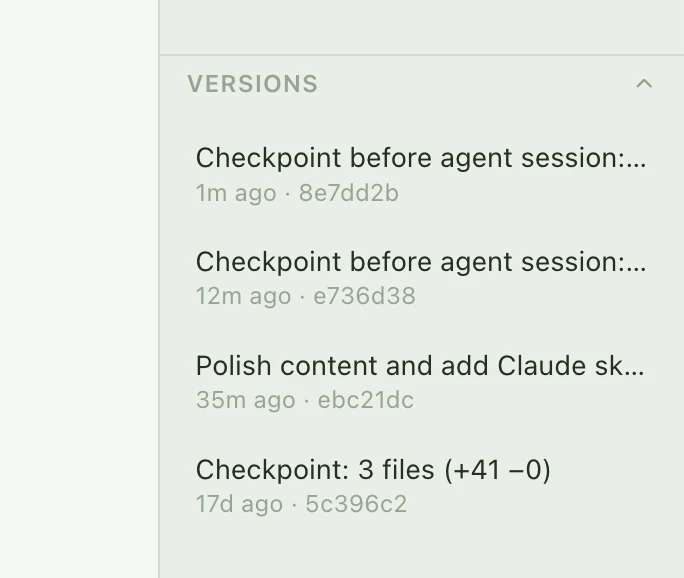 Flywrite's Versions panel listing checkpoints made before each agent session
